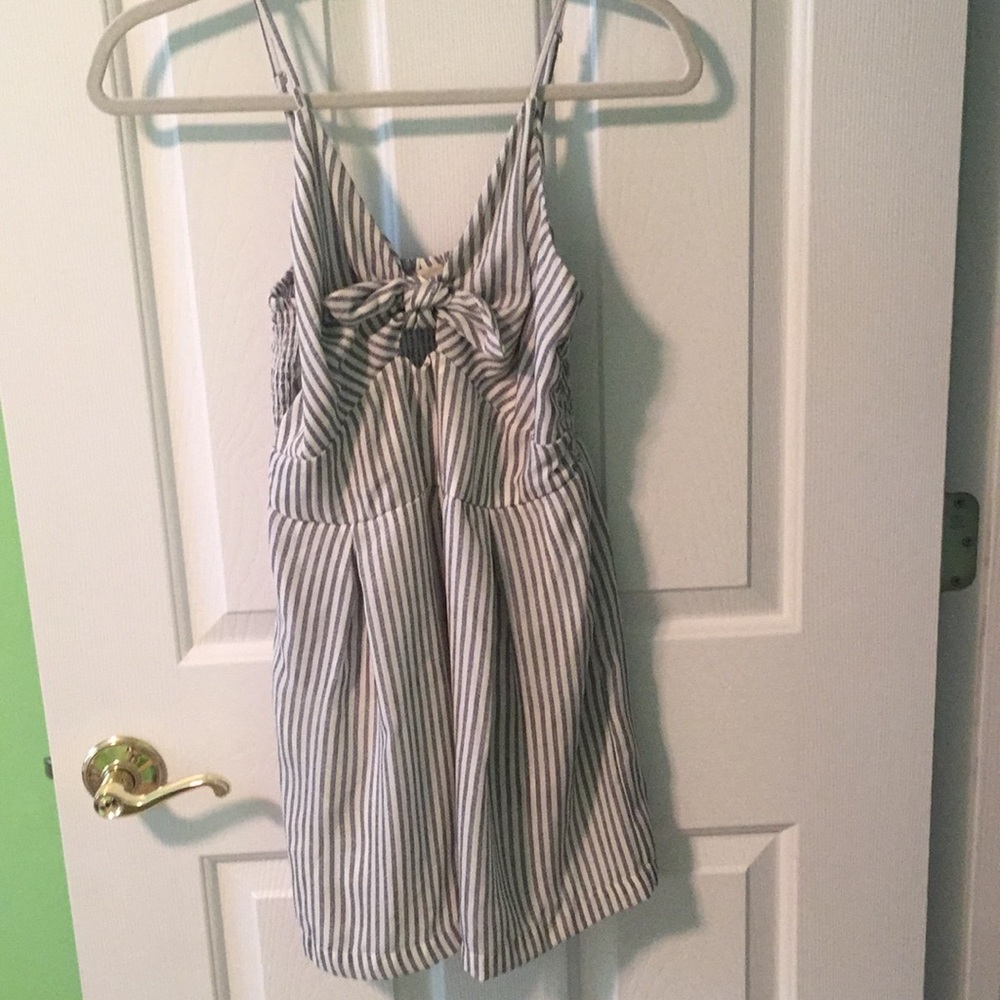 Gray striped romper with keyhole tie front